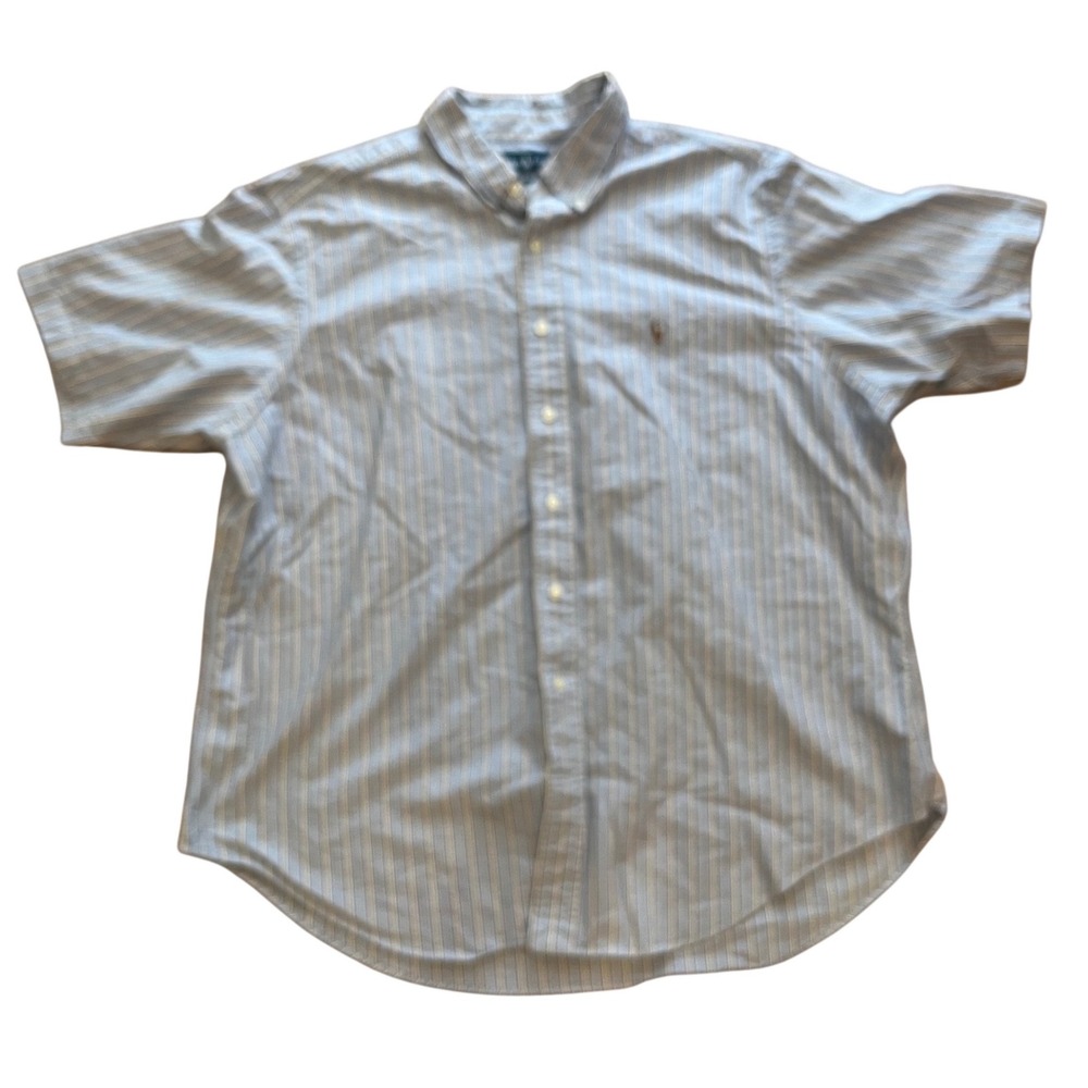 Ralph Lauren Mens XXL Classic Fit Short Sleeve Striped Oxford Shirt Blue White